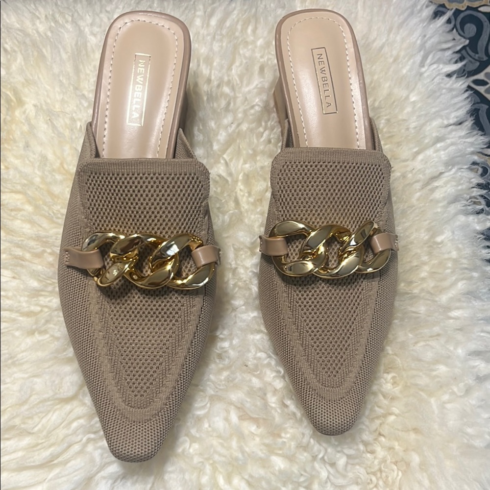 NEWBELLA Women's Taupe Mules with Gold Chain.